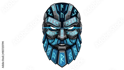 Digital illustration of a blue and black tribal-style head mascot with glowing eyes on a white background, featuring bold lines and geometric patterns.
