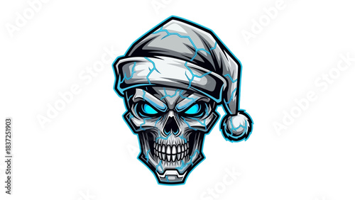 A festive head mascot of a skull wearing a Santa hat with glowing blue eyes on a white background.
