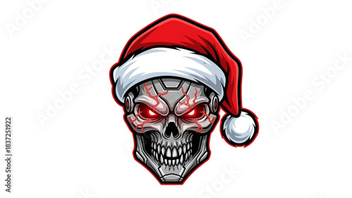 A cartoonish skull wearing a Santa hat with red glowing eyes on a white background, conveying a festive yet eerie mood with bold lines and vibrant colors.