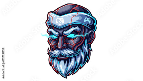 Digital illustration of a robotic head mascot with glowing blue eyes and a futuristic design on a plain white background.