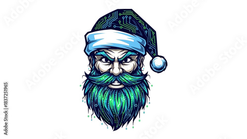 A vibrant illustration of a head mascot with a long green beard and a Santa hat on a white background with a festive mood and colorful tones.