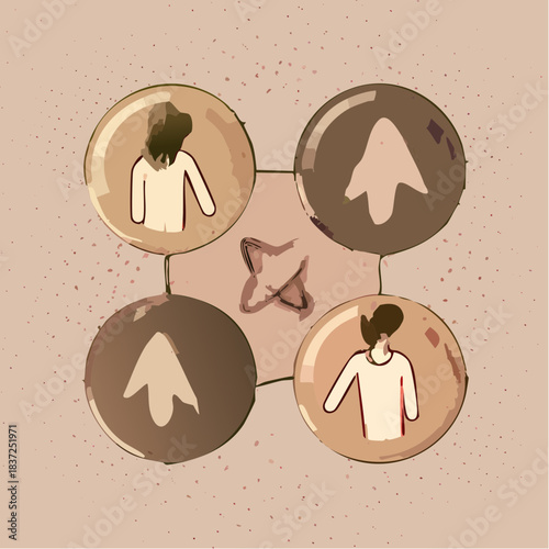 Abstract illustration depicting four figures in circular frames surrounding a central motif, with a textured background adding depth and artistic flair
