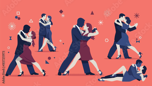 Dynamic couples passionately engaging in vibrant tango dance poses across a festive coral background