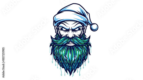 A cartoonish head mascot with a menacing expression wearing a Santa hat and having a vibrant green and blue beard on a white background with bold lines and bright colors.