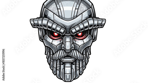 A robotic head mascot with a metallic gray and silver color scheme, red eyes, and a menacing expression, set against a clean white background in a digital illustration style.