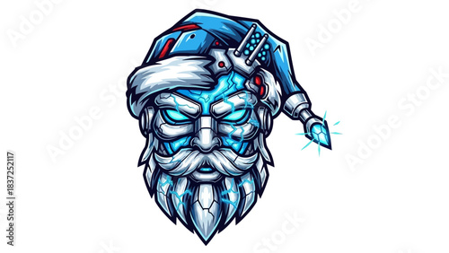 Illustration of a menacing blue and silver head mascot with glowing eyes and a sword on its head against a white background.