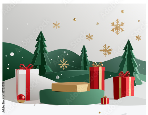 Christmas Product Display Podium with Gift Boxes and Winter Background.