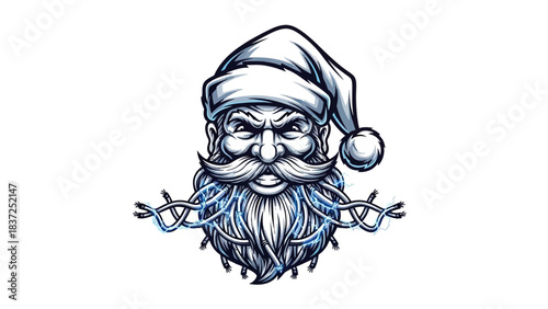 A menacing head mascot of Santa Claus with a fierce expression, adorned with a Christmas hat and surrounded by barbed wire, set against a clean white background with a dark and ominous mood.