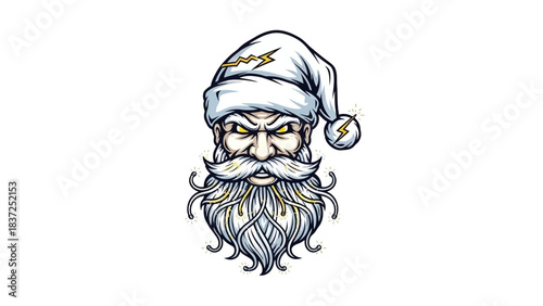 A cartoonish head mascot with a menacing expression wearing a Santa hat against a plain white background with bold lines and vibrant colors.