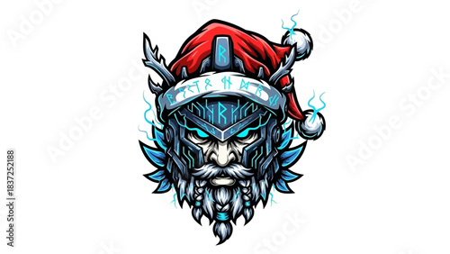 A detailed illustration of a fierce head mascot wearing a Santa hat with blue and red color scheme on a white background.