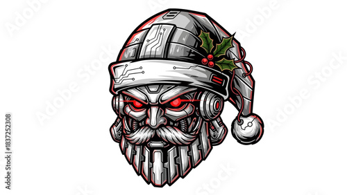 Illustration of a menacing head mascot wearing a Christmas Santa hat with red glowing eyes on a white background.