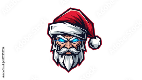A cartoonish head mascot of Santa Claus with a fierce expression, wearing a red and white hat on a plain white background with bold lines and vibrant colors.