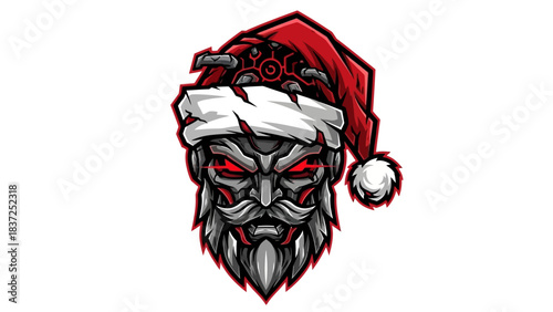 A digital illustration of a gray bearded head mascot wearing a Santa hat on a white background with red eyes and a menacing expression.