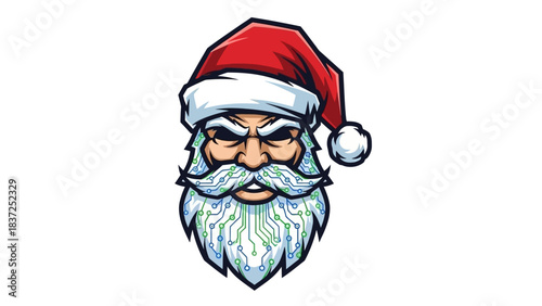 A cartoon illustration of a head mascot wearing a Santa hat with a white background and a bold, graphic style conveying a festive and playful mood.