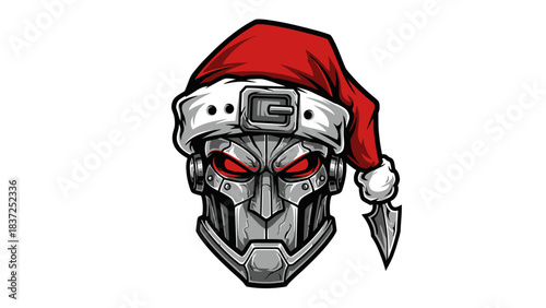 A robotic head mascot wearing a red Santa hat with glowing red eyes on a plain white background.