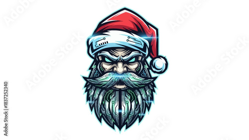 A cartoonish illustration of a gruff-looking Santa Claus head mascot with a red hat and white trim against a plain white background.
