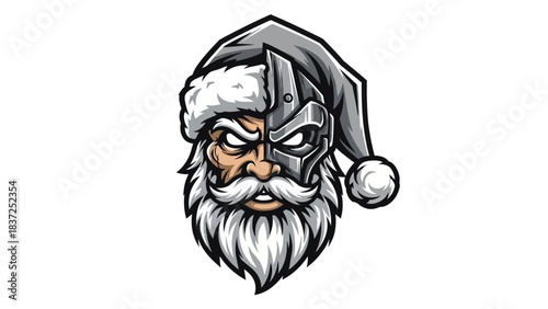A cartoon head mascot with a fierce expression wearing a Santa hat and a metallic face guard on a white background with bold lines and vibrant colors.