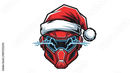 Digital illustration of a red robot head mascot wearing a Santa hat and futuristic blue goggles on a white background.