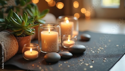 Photo of yoga mat with candles stones and plants creates tranquil scene. Ligh...