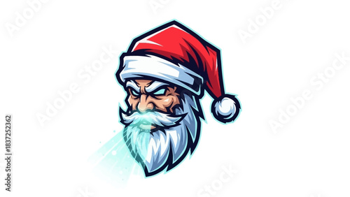 Cartoon illustration of a grumpy Santa Claus head mascot wearing a red hat on a white background with a digital art style and a dominant red color palette conveying a festive yet annoyed