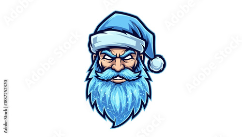A cartoon head mascot of Santa Claus with a blue beard and mustache, wearing a blue Santa hat, against a clean white background with a bold and playful style.