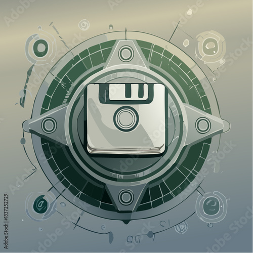 Conceptual illustration Vintage floppy disk icon anchors an intricate, abstract technological network, symbolizing data storage, digital information, and evolutionary progress