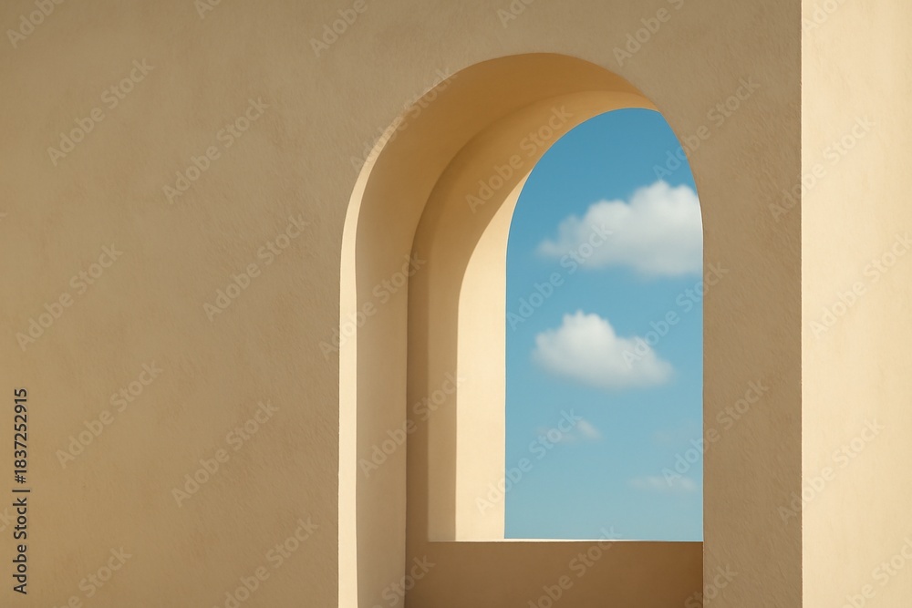 Fototapeta premium Minimalist white plaster archway framed by blue sky with soft clouds