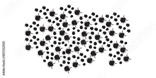 Monochrome illustration of a dense swarm of tiny black ticks or mites forming a cluster.