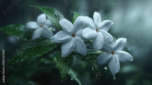 Dewy white jasmine bouquet in serene nature setting gigapixel quality close-up view of flowers with fresh dewdrops