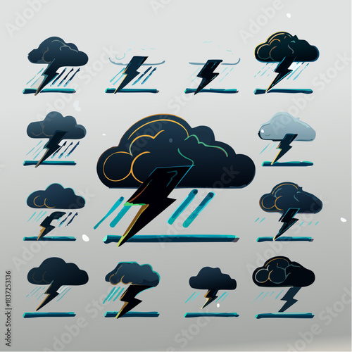 Collection of storm cloud icons with lightning and rain for weather forecasting and meteorological themes
