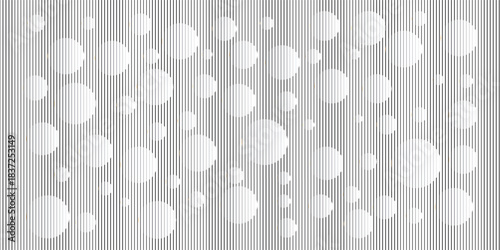 Abstract monochrome pattern with 3D white circles and optical illusion on a fine vertical line texture.