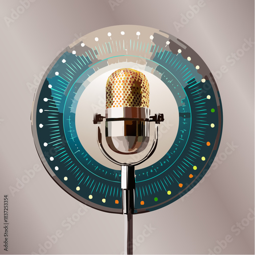 Vibrant Illustration of a Retro Gold Microphone within an Advanced Digital Audio Visualizer - Bridging Classic Sound with Future Tech