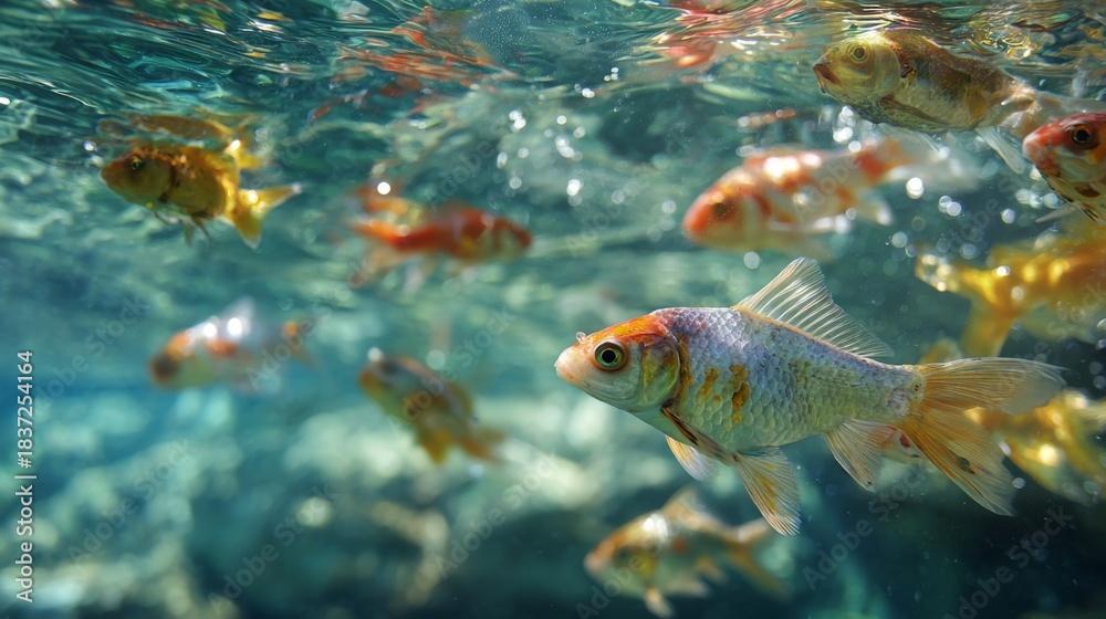 Naklejka premium Underwater Scene of Colorful Fish Swimming Gracefully in Clear Water With Rippling Light and Serene Aquatic Environment, Perfect for Nature Lovers