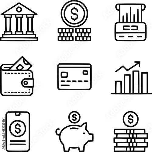 Finance and Money Outline Icon Set  Banking, Investment, and Payment Symbols