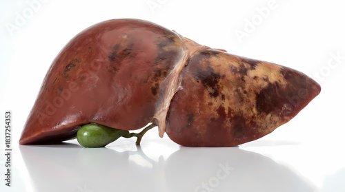 Diseased human liver with visible damage and a green gallbladder isolated on a white background.