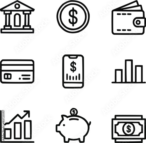 Finance and Money Outline Icon Set  Banking, Investment, and Payment Symbols