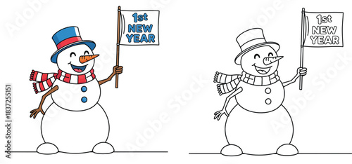 Cute cartoon snowman holding 1st New Year flag, vector illustration including colored and black and white outline versions for coloring book or page.