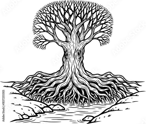 deep roots, silent watcher natures soul embodied at waters edge, isolated on transparent background