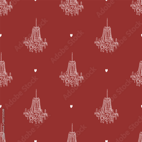 Elegant vintage red seamless pattern with hand drawn vintage chandelier and hearts, antique candelabra. White icons on red background. Vector background for holiday, Valentines Day, wedding, birthday