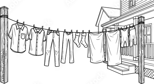 rustic rhythms airdrying clothes, a timeless embrace of domestic harmony, isolated on transparent background
