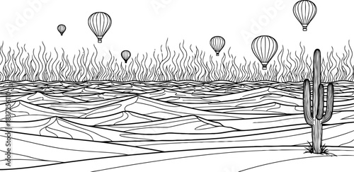 silent ascent balloons gracefully drifting across a minimalist desert expanse, isolated on transparent background