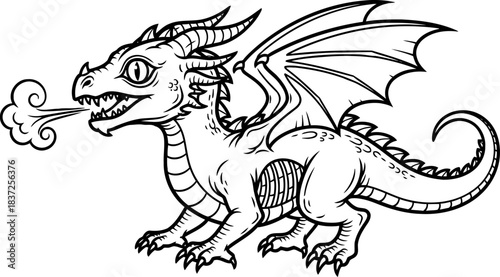 ancient scales, spirited puff a charming dragons enchanting presence in simple line art, isolated on transparent background