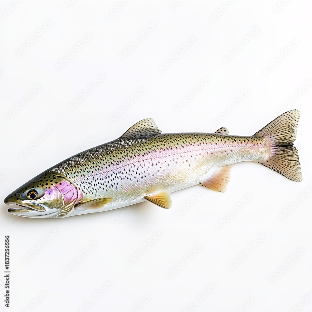 Obraz premium Beautifully detailed rainbow trout fish specimen isolated on a clean bright white background showcasing vibrant colors and texture