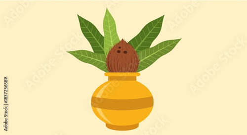 A decorative kalash pot filled with a coconut and mango leaves, symbolizing prosperity and auspiciousness in Hindu culture.