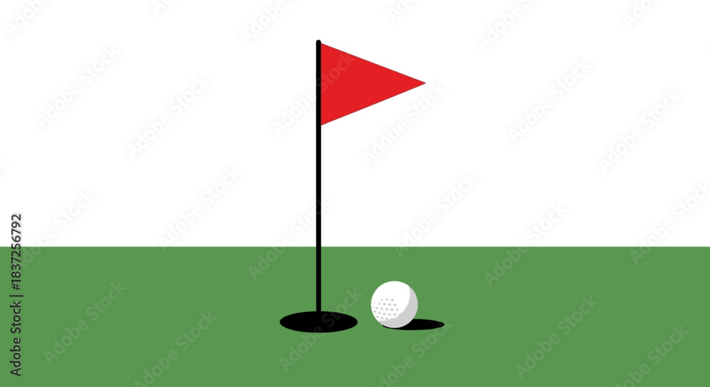 Obraz premium A golf ball rests on a green putting surface next to a flagstick with a red flag.