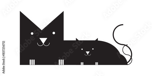 Minimalist geometric black mother cat and kitten illustration with pointy ears and curly tails.