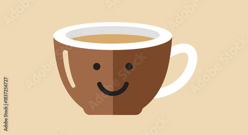 A simple, flat illustration of a brown coffee cup with a smiling face on a beige background.