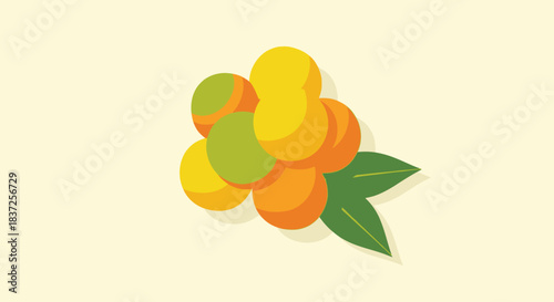 A cluster of ripe cloudberries with a green leaf on a pale yellow background.