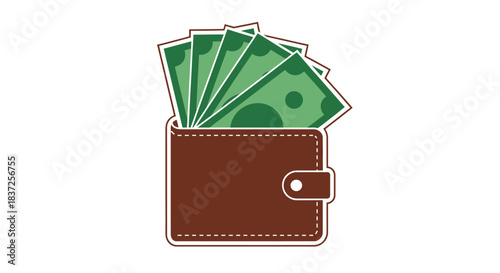 A brown leather wallet with several green dollar bills fanned out from the top, symbolizing wealth and financial transactions.