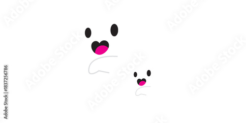 Two cute cartoon white blob characters with happy pink mouths and black eyes one larger one smaller.